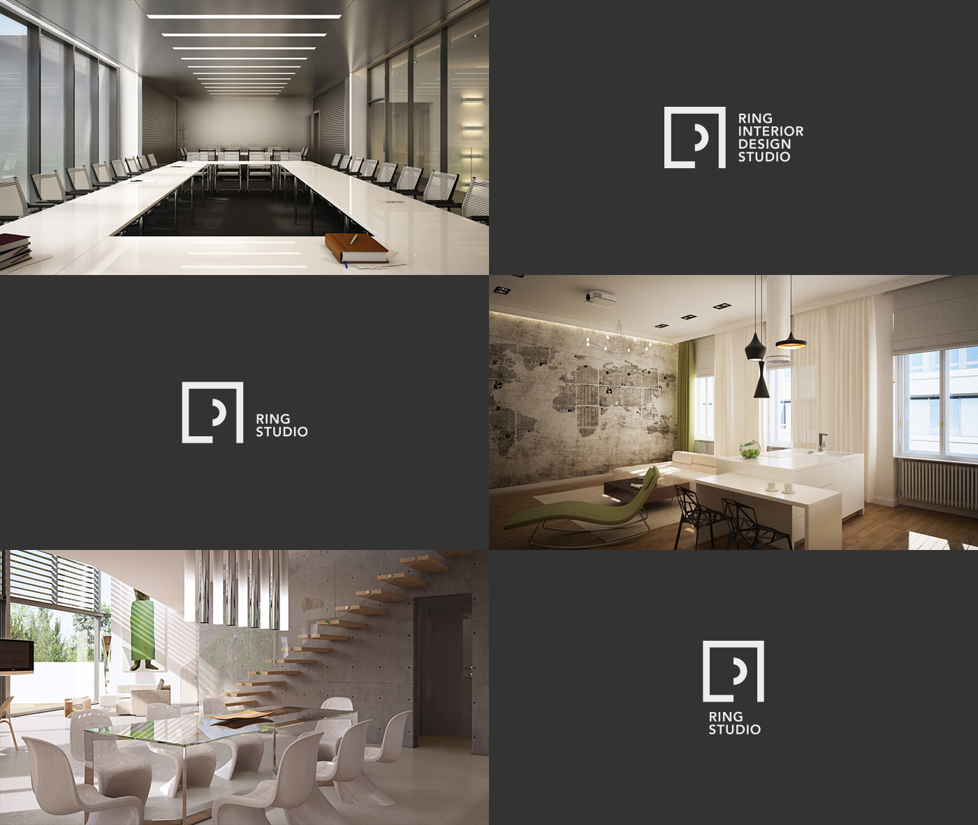 Ring Interior logo variations and interior photos of residential and office buildings