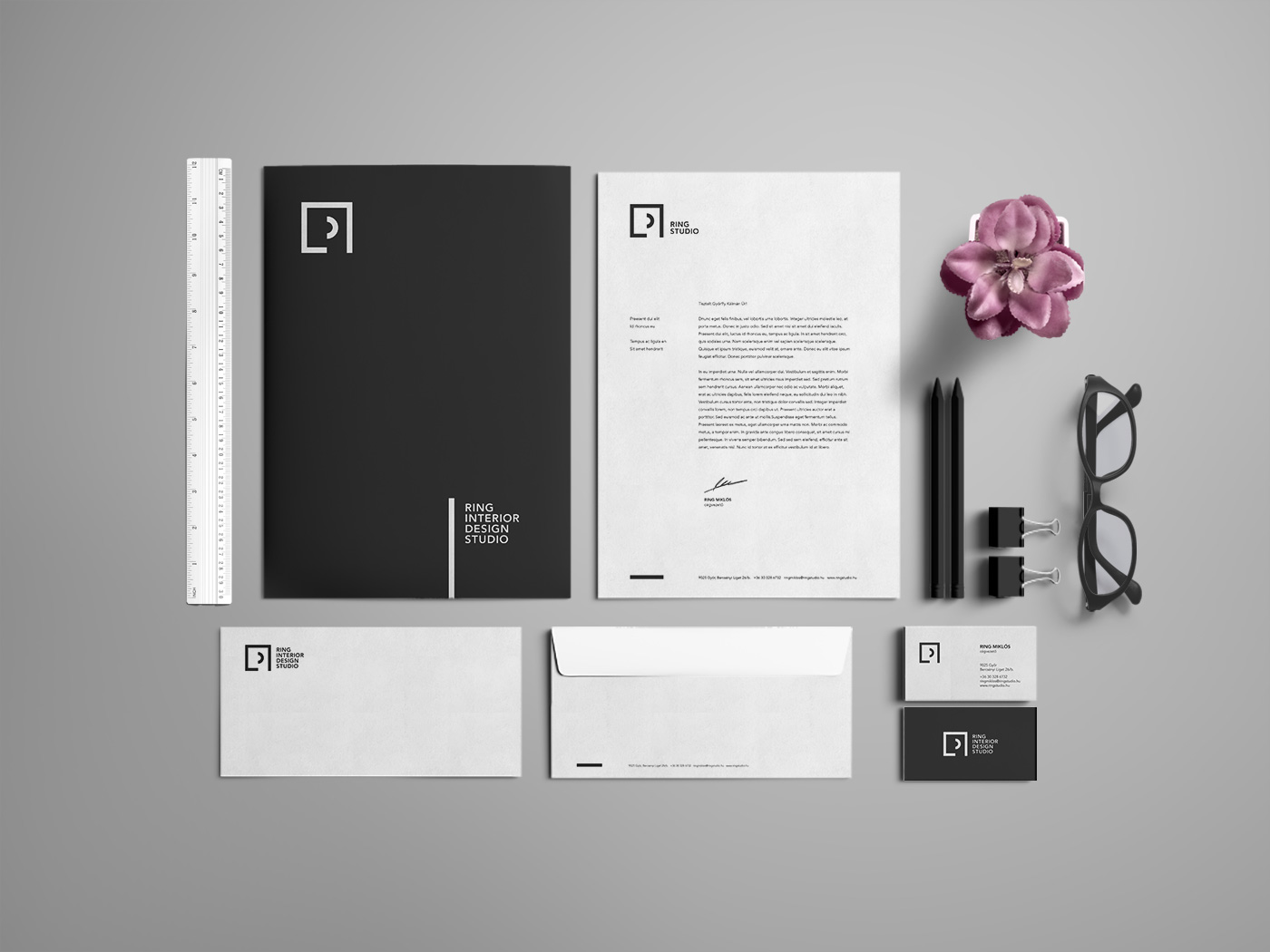 Ring Interior stationery, business card, letter paper, envelope and folder design with glasses, pencils and a ruler