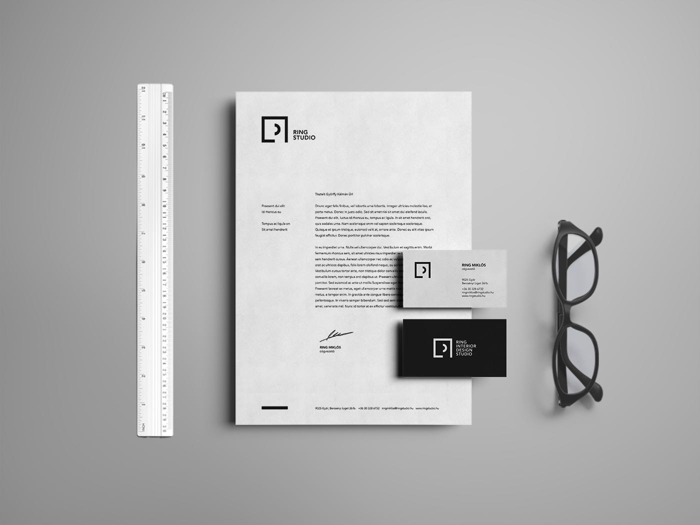 Ring Interior stationery, business card, letter paper design with glasses and a ruler