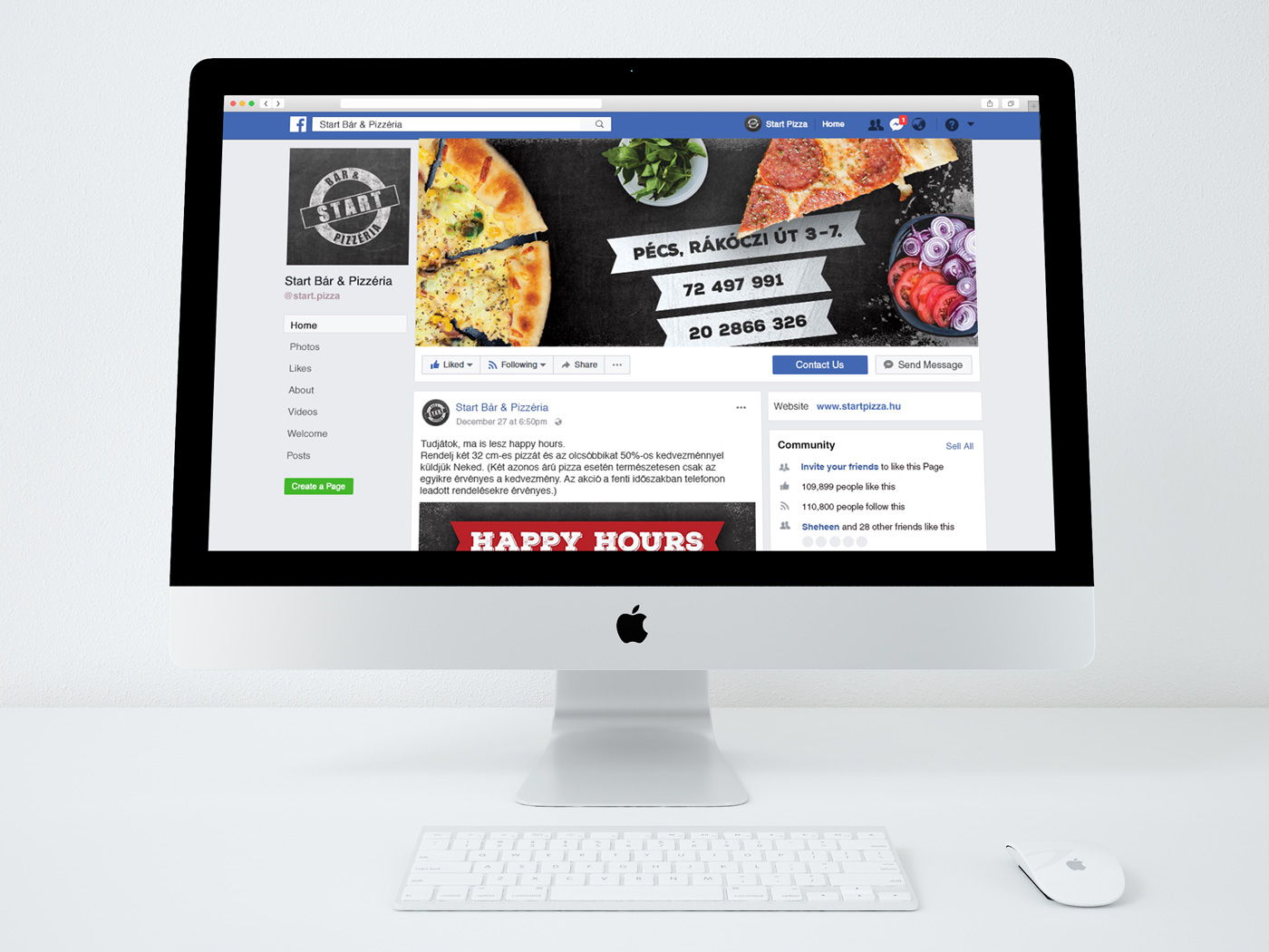 Start Pizzeria social media, Facebook profile, cover and post images on iMac