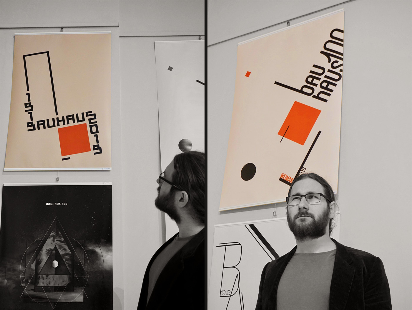 Graphic designer standing in front of his posters designed for the Bauhaus 100 exhibition